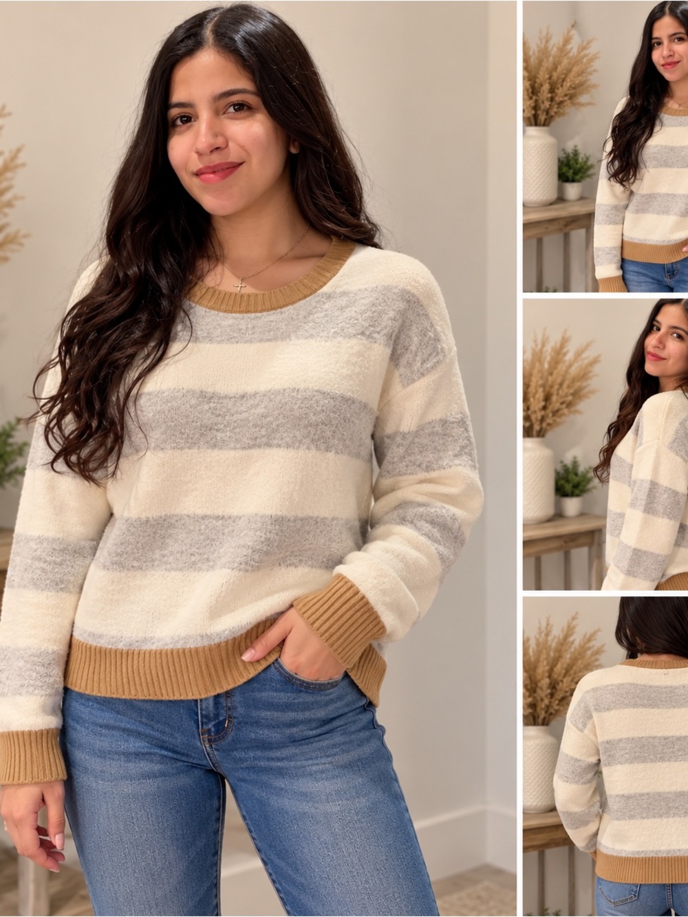 Ann Taylor Weekend Striped Crewneck Sweater Cream Camel Size S
